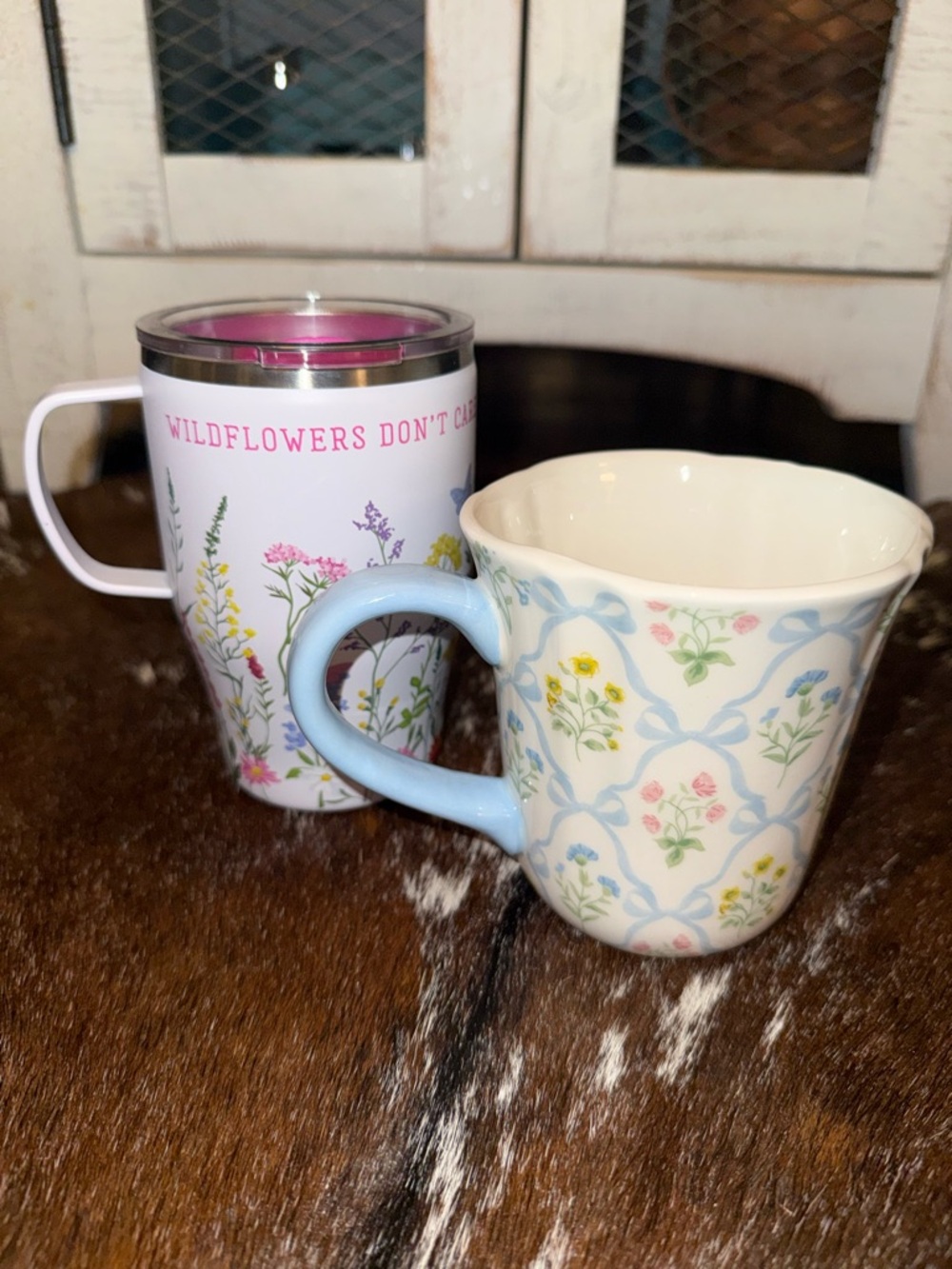 Floral Blue Handle Ceramic Mug - White and Pastel Wildflower Design